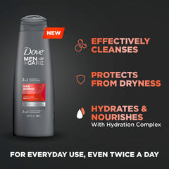 Dove Men+Care 2-in-1 12-ounce packaging shows convenient daily-use solution.