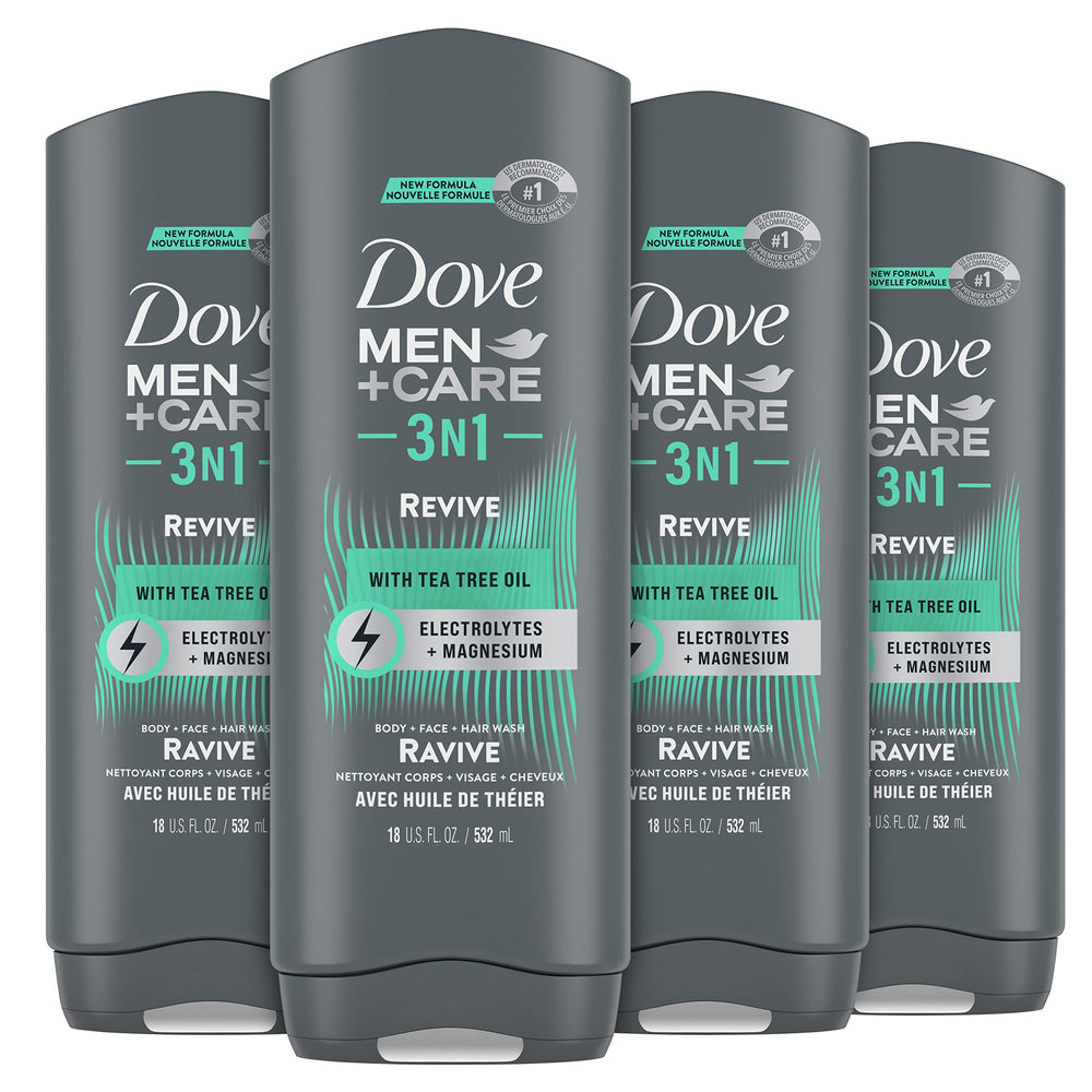 Dove Men+Care 3N1 Revive bottle with tea tree oil for post-workout freshness.