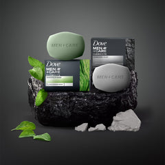 Dove Men+Care bar texture with charcoal specks for exfoliating cleanse.