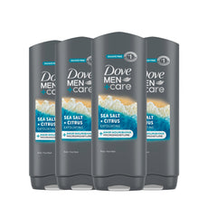 Dove Men+Care exfoliating sea salt citrus bottle close-up for refreshed skin