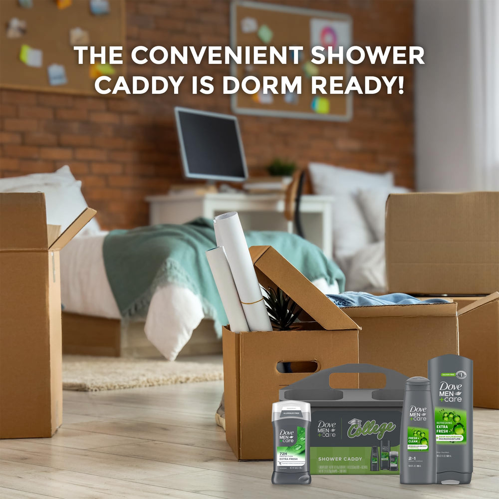 Open view of the Dove Men+Care college shower caddy showing organized items