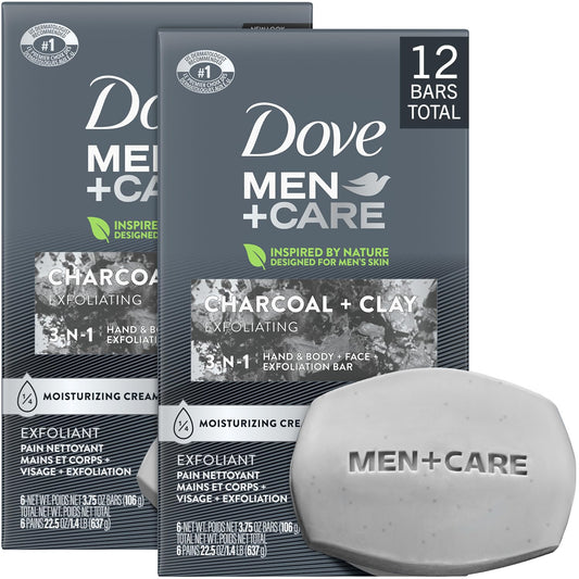 Dove Men+Care charcoal exfoliating bar close-up for a refreshing daily cleanse.