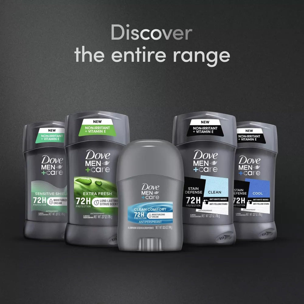 Dove Men+Care Clean Comfort moisturizing cream and vitamin E emphasize skin care.