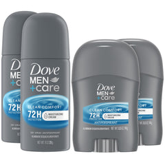 Dove Men+Care Clean Comfort travel stick with moisturizing formula for day-long freshness.