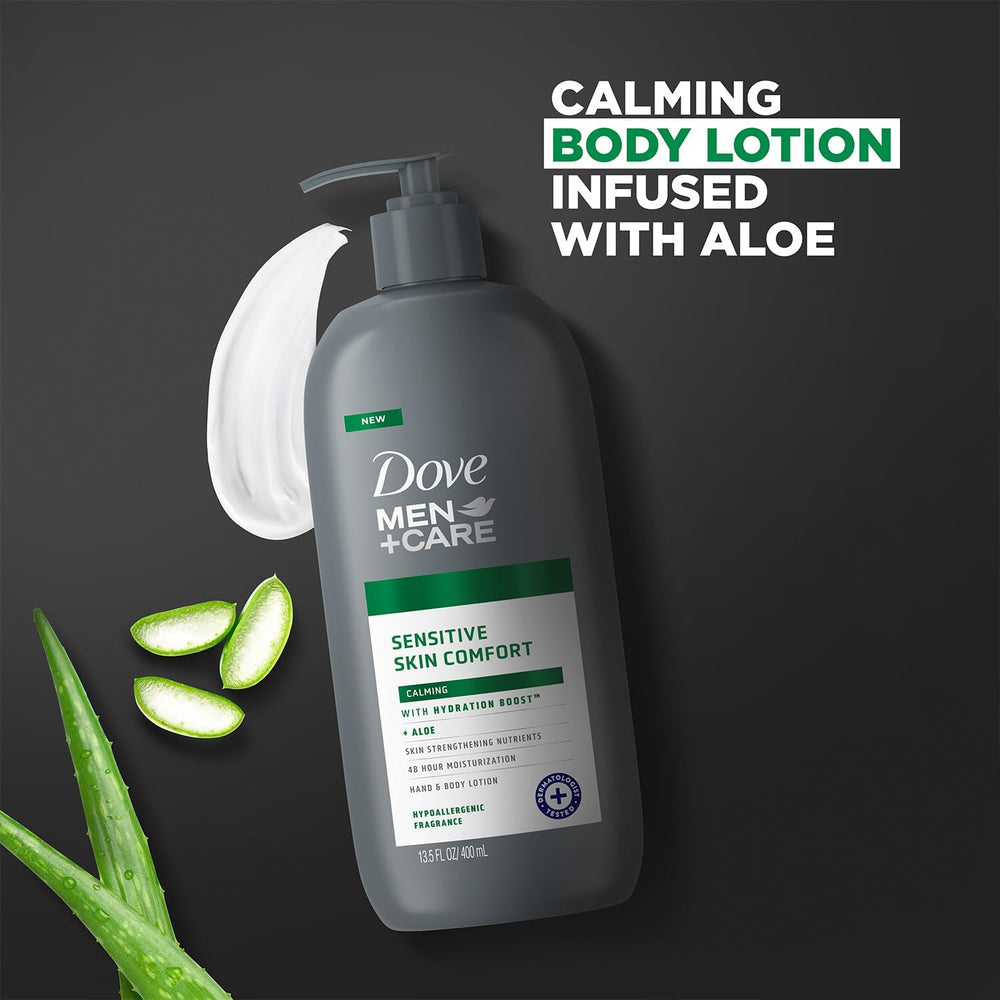 Dove Men+Care creamy non-greasy finish; daily moisturization for comfortable skin.