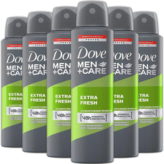 Dove Men+Care Extra Fresh 6-pack cans for daily odor protection.