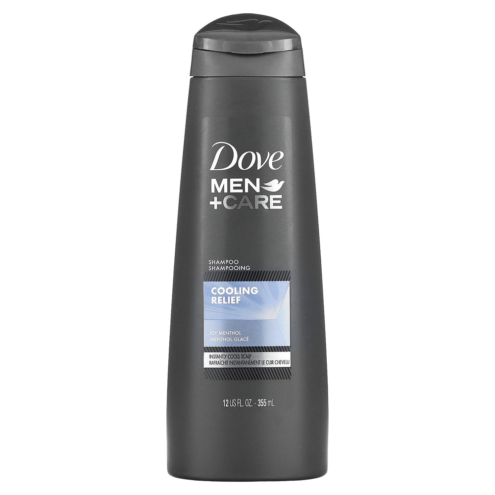 Dove Men+Care Fortifying Shampoo bottle with icy menthol for cooling relief.