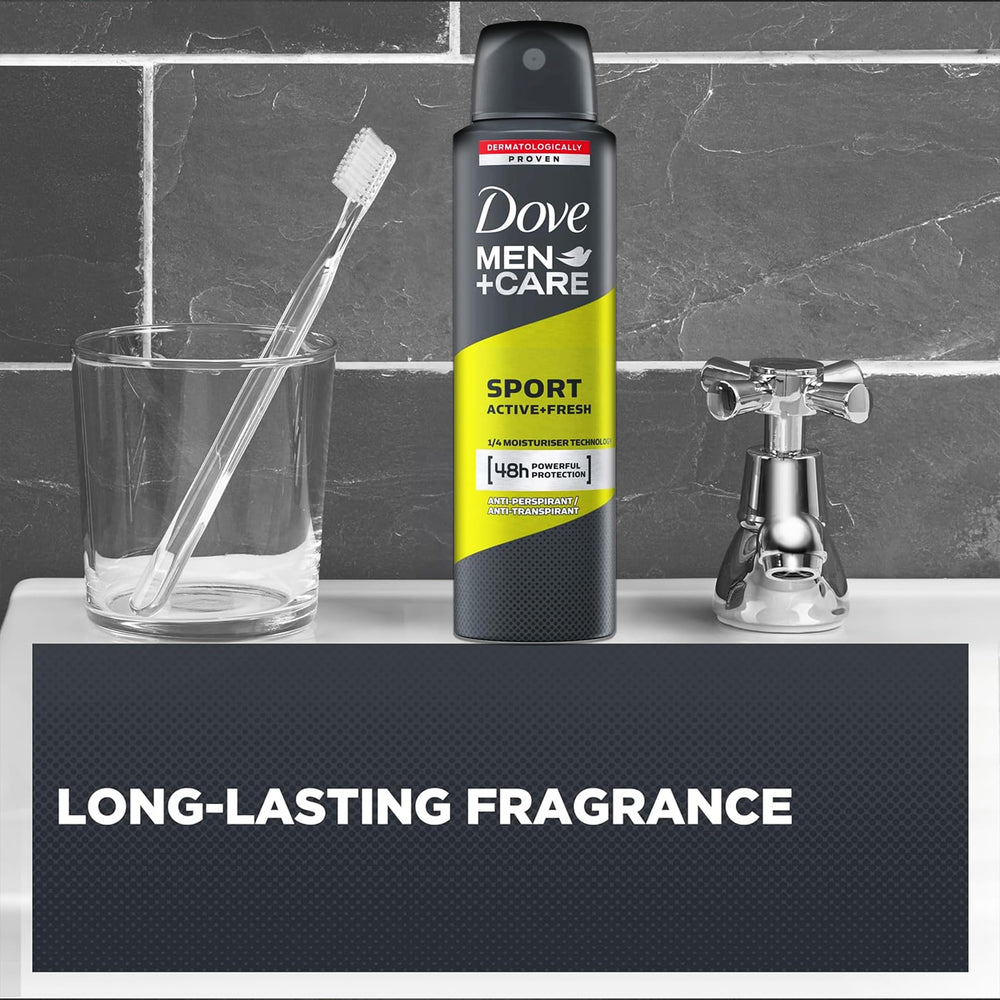 Dove Men+Care spray pictured in a gym bag, ready for use.