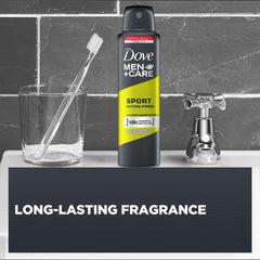 Dove Men+Care spray pictured in a gym bag, ready for use.