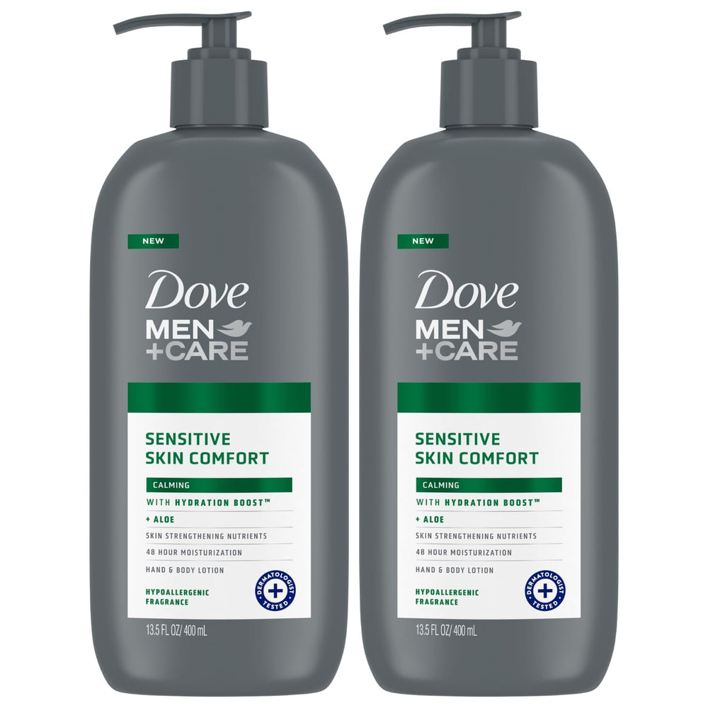 Dove Men+Care hand and body lotion cap for sensitive skin, smooth finish.