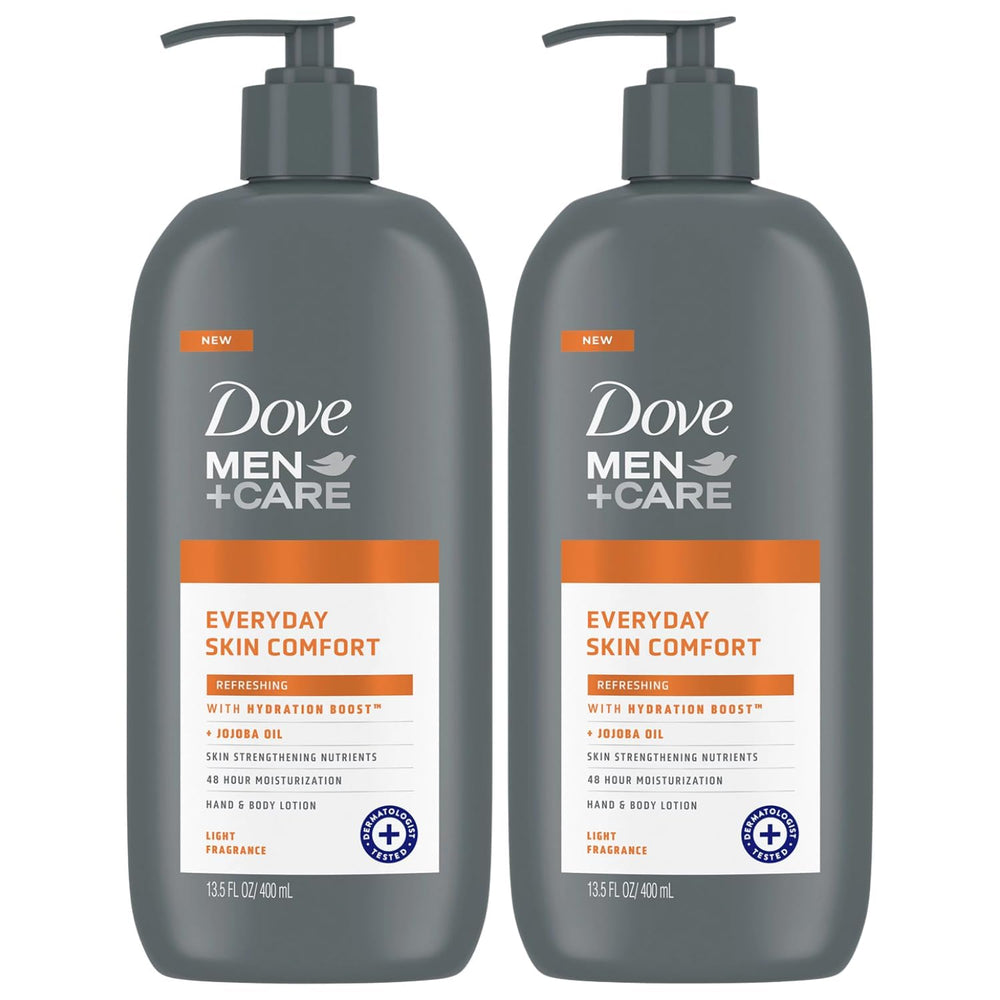 Dove Men+Care Hand and Body Lotion pack bottles, front view, quick moisturization.