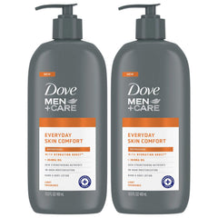 Dove Men+Care Hand and Body Lotion pack bottles, front view, quick moisturization.