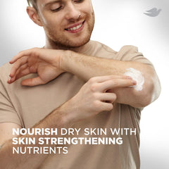 Dove Men+Care hand and body lotion in use, smooth skin feel.