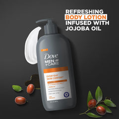 Dove Men+Care lotion bottle with visible label and branding.