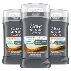 DOVE MEN CARE Morning Fresco deodorant stick close-up showing aluminum-free protection.