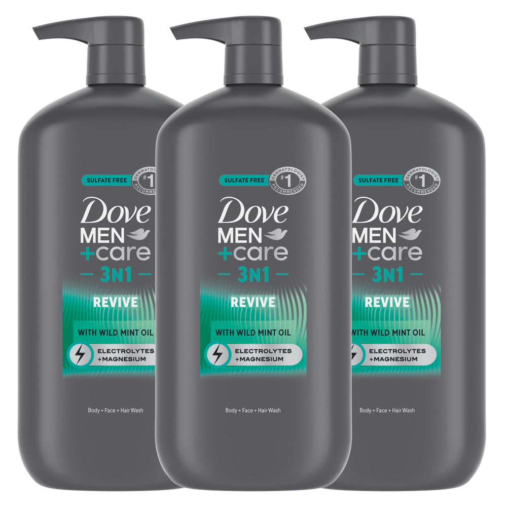 Dove Men+Care Revive 3N1 bottle with wild mint oil for an invigorating daily cleanse