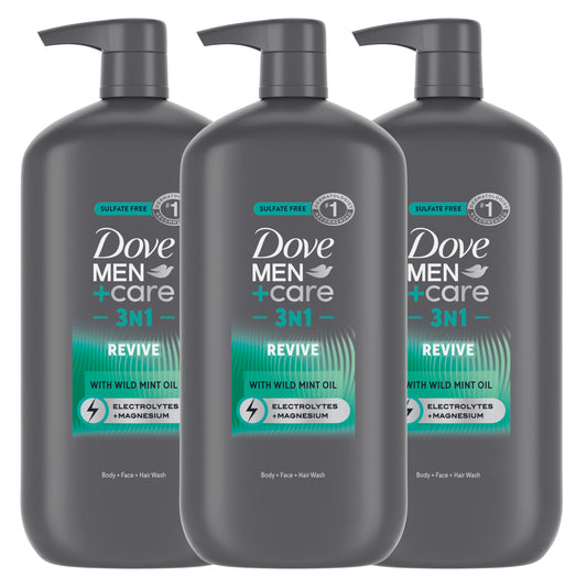 Dove Men+Care Revive 3N1 bottle with wild mint oil for an invigorating daily cleanse