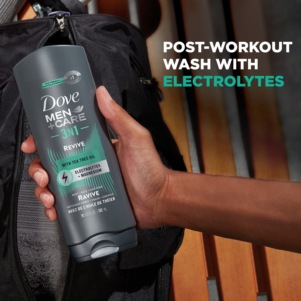 Dove Men+Care bottle highlighting tea tree oil scent for refreshing post-workout aroma.