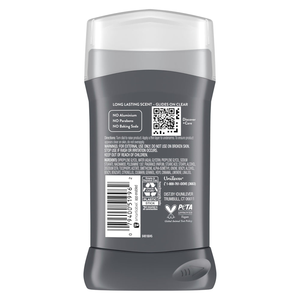 Dove Men+Care Wild Eucalyptus deodorant stick close-up with moisturizing cream helps skin.
