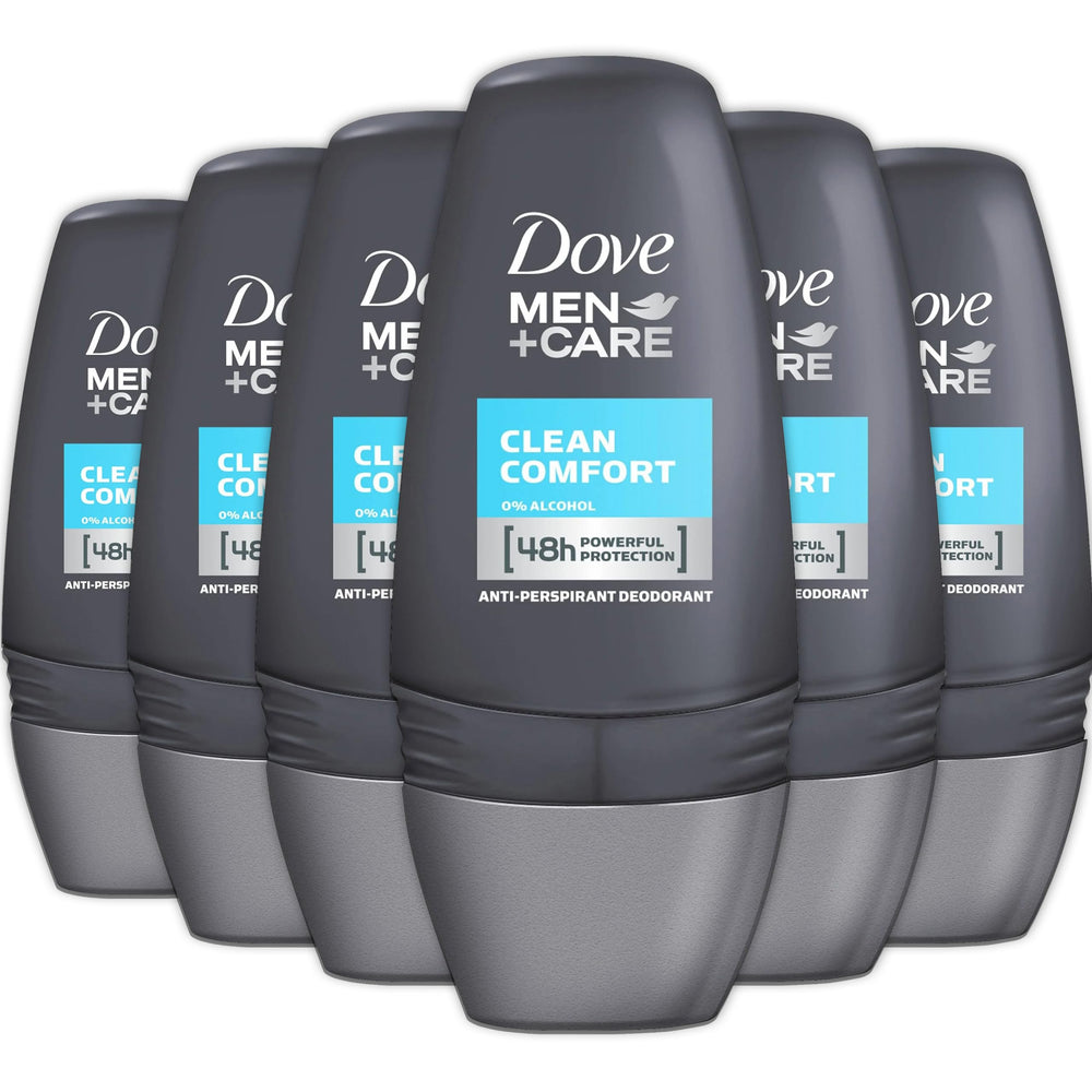 Dove Men+Care Clean Comfort roll-on bottle close-up showing lasting protection