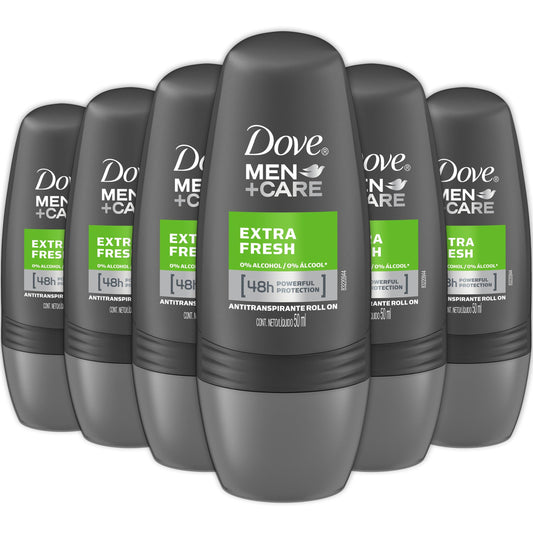 Dove Men+Care Extra Fresh roll-on bottle front showing compact design for daily use and protection