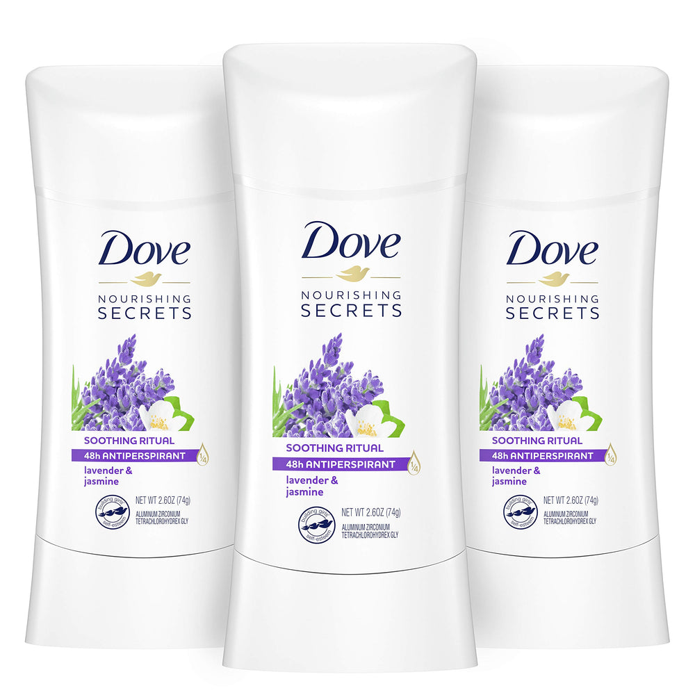 Dove Nourishing Secrets Lavender & Jasmine packaging showing three-stick set for daily use.