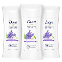 Dove Nourishing Secrets Lavender & Jasmine packaging showing three-stick set for daily use.