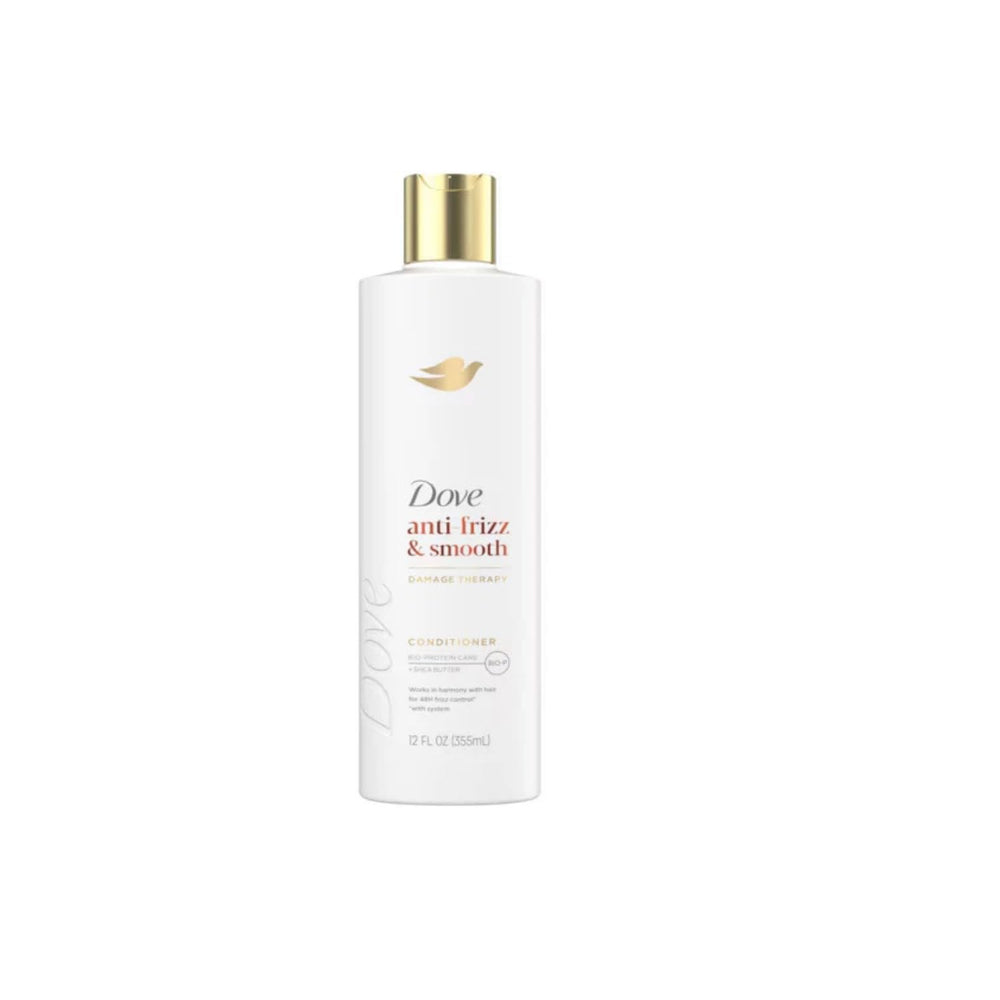 Dove Nutritive Solutions Nourishing Oil Care Conditioner bottle shows lightweight frizz-control formula for dry hair.