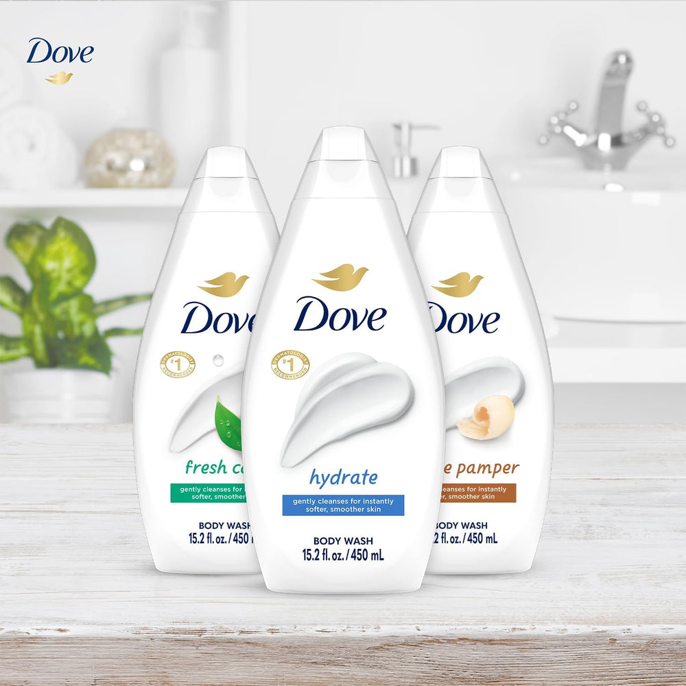 Dove Pack Shot shows three-body-wash bottles for versatile family use