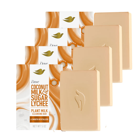 Dove Plant Milk Cleansing Bar shows coconut milk texture for a creamy cleanse.