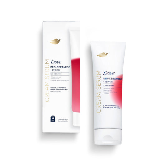 Dove Pro-Ceramide Repair Serum bottle showing non-greasy hydration for dry skin.