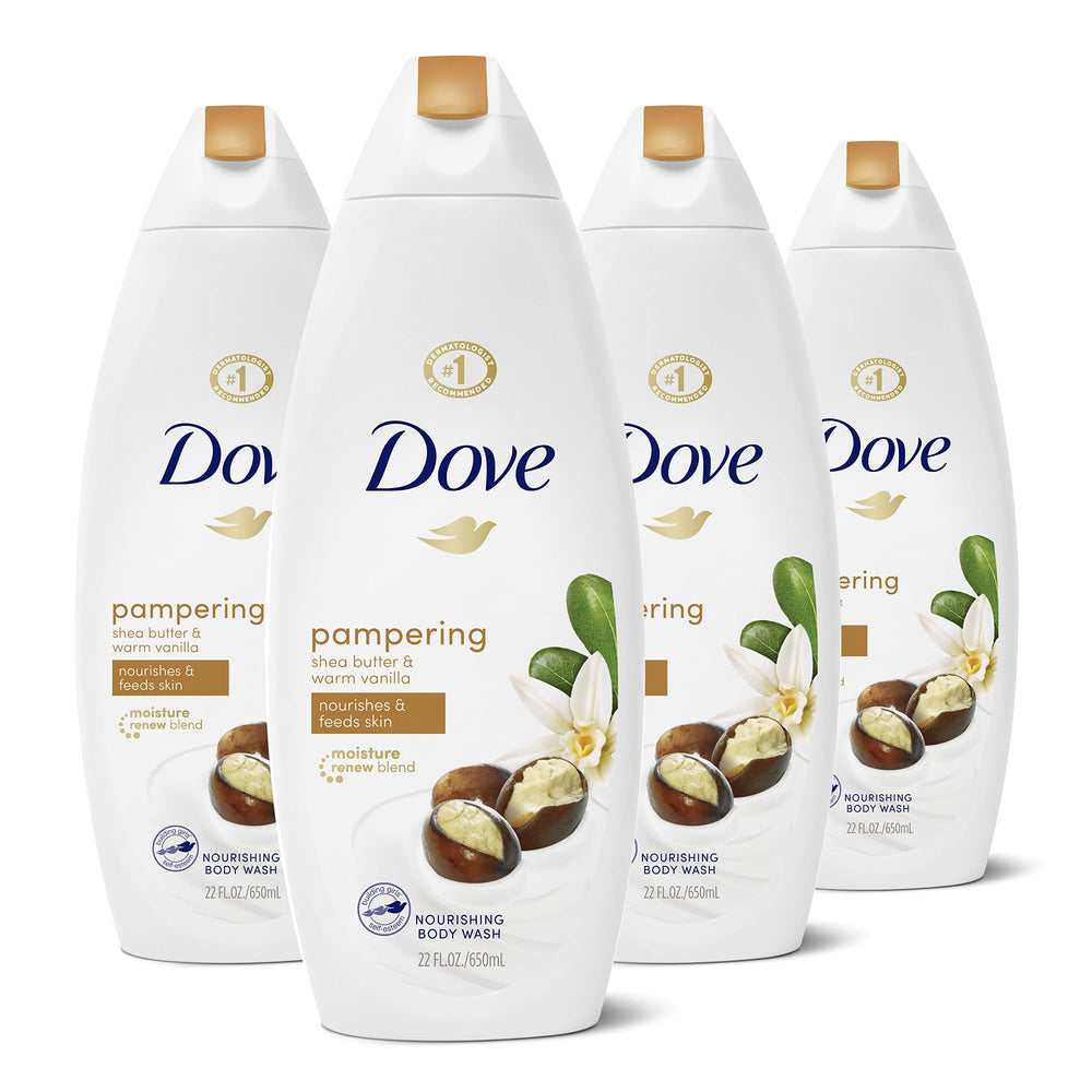 Dove Purely Pampering Shea Butter Vanilla bottle illustrating nourishing formula for dry skin.