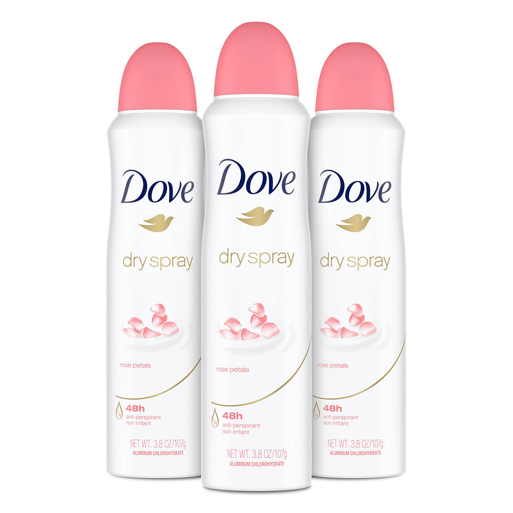Dove Rose Petals dry spray bottle shown for fast, dry protection all day.