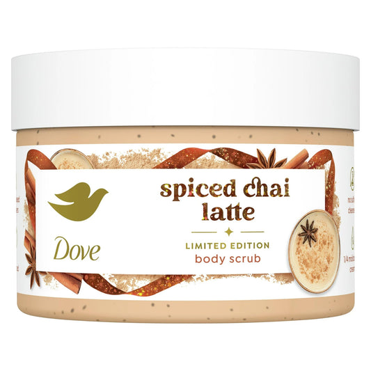 Dove Spiced Chai Latte scrub jar provides gentle exfoliation for smooth skin.