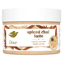 Dove Spiced Chai Latte scrub jar provides gentle exfoliation for smooth skin.