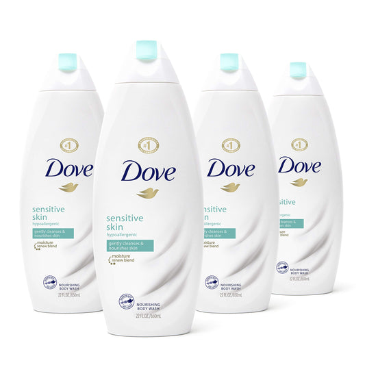 Dove sulfate-free sensitive-skin body wash bottle highlights gentle cleansing for sensitive skin.