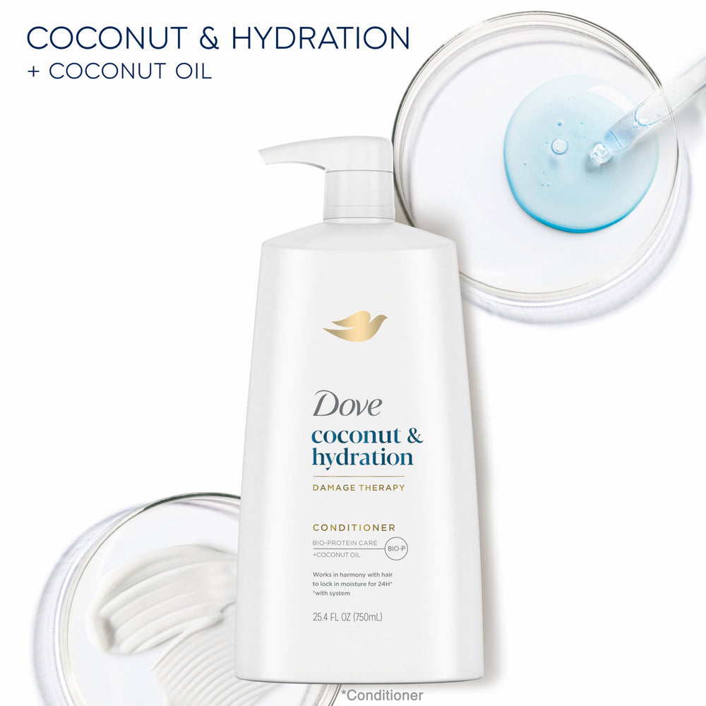 Dove Ultra Care Coconut & Hydration conditioner after-wash softness visual implying lasting moisture