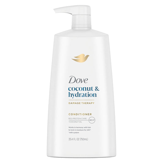 Dove Ultra Care Coconut & Hydration conditioner bottle side view showing moisturizing formula for dry hair