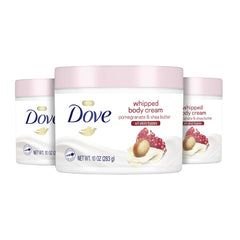 Dove Whipped Body Cream bottle with pomegranate and shea, showing rich moisture