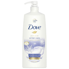 Dove Winter Care Body Wash pump bottle front view with creamy lather and winter-ready feel