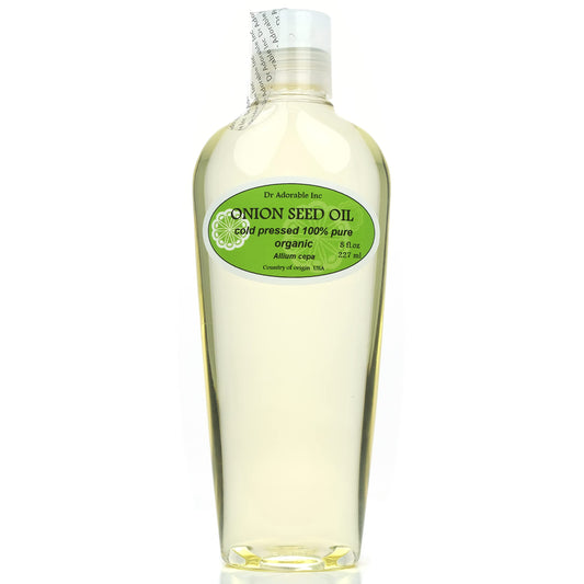 Dr Adorable Onion Seed Oil bottle highlights purity and cold-pressed quality for skin and hair.