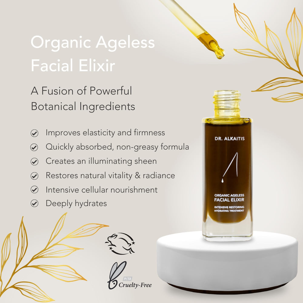Dr. Alkaitis Ageless Elixir application scene showing quick absorption for daily ritual.