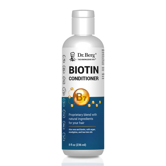 Dr. Berg Biotin Conditioner bottle front showing premium formula for shine and manageability