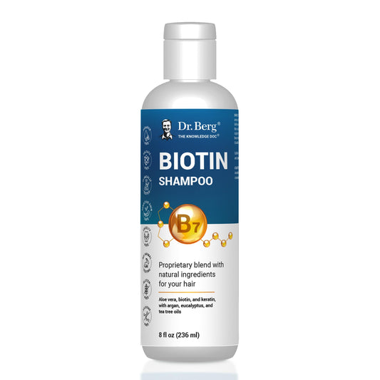 Dr. Berg Biotin Shampoo bottle focus promotes fuller-looking hair with a premium formula.