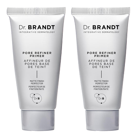 Dr. Brandt Pores No More Primer bottle showing oil absorption for a matte finish.