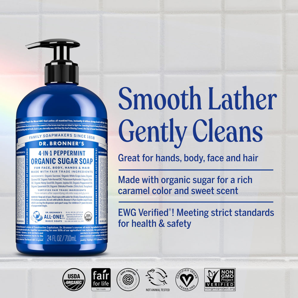 Dr. Bronner’s sugar soap pour for gentle cleansing of hands and shower.