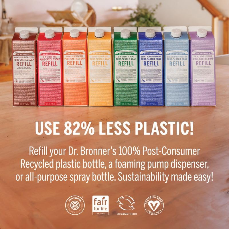 Dr. Bronner's 18-in-1 uses guide on bottle for versatile care.