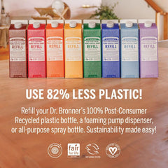 Dr. Bronner's 18-in-1 uses guide on bottle for versatile care.