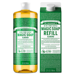 Dr. Bronner's Almond Castile Bottle showing versatile, vegan soap for body and face care