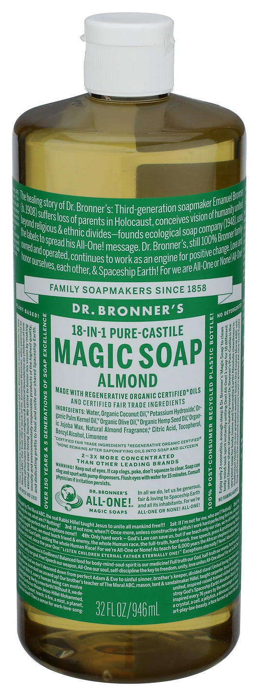 Dr. Bronner's Almond Castile Soap bottle for multi purpose cleaning and body wash
